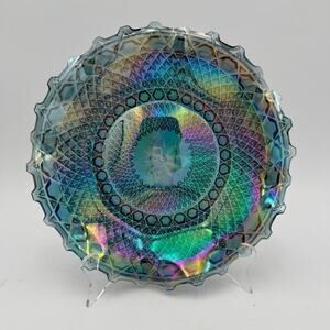 Vintage Indiana Carnival Glass Windsor Blue 10" Round Crimped Bowl